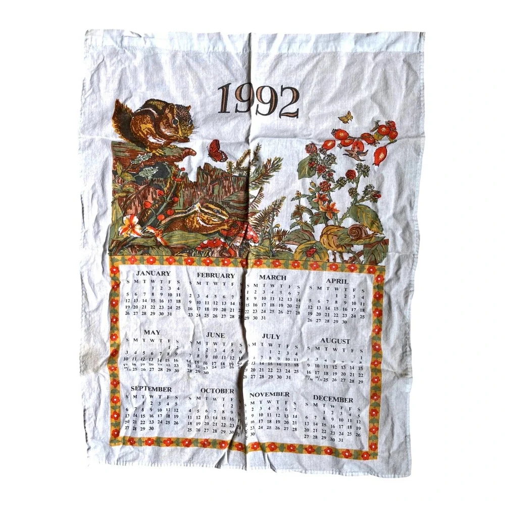 Vintage 1992 Cotton Calendar Tea Towel Nature‎ Chipmunk Wildlife Woodland 16x22